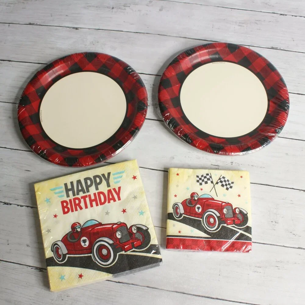 Vintage Derby Race Cars Happy Birthday Banner Paper Plates Party Decor